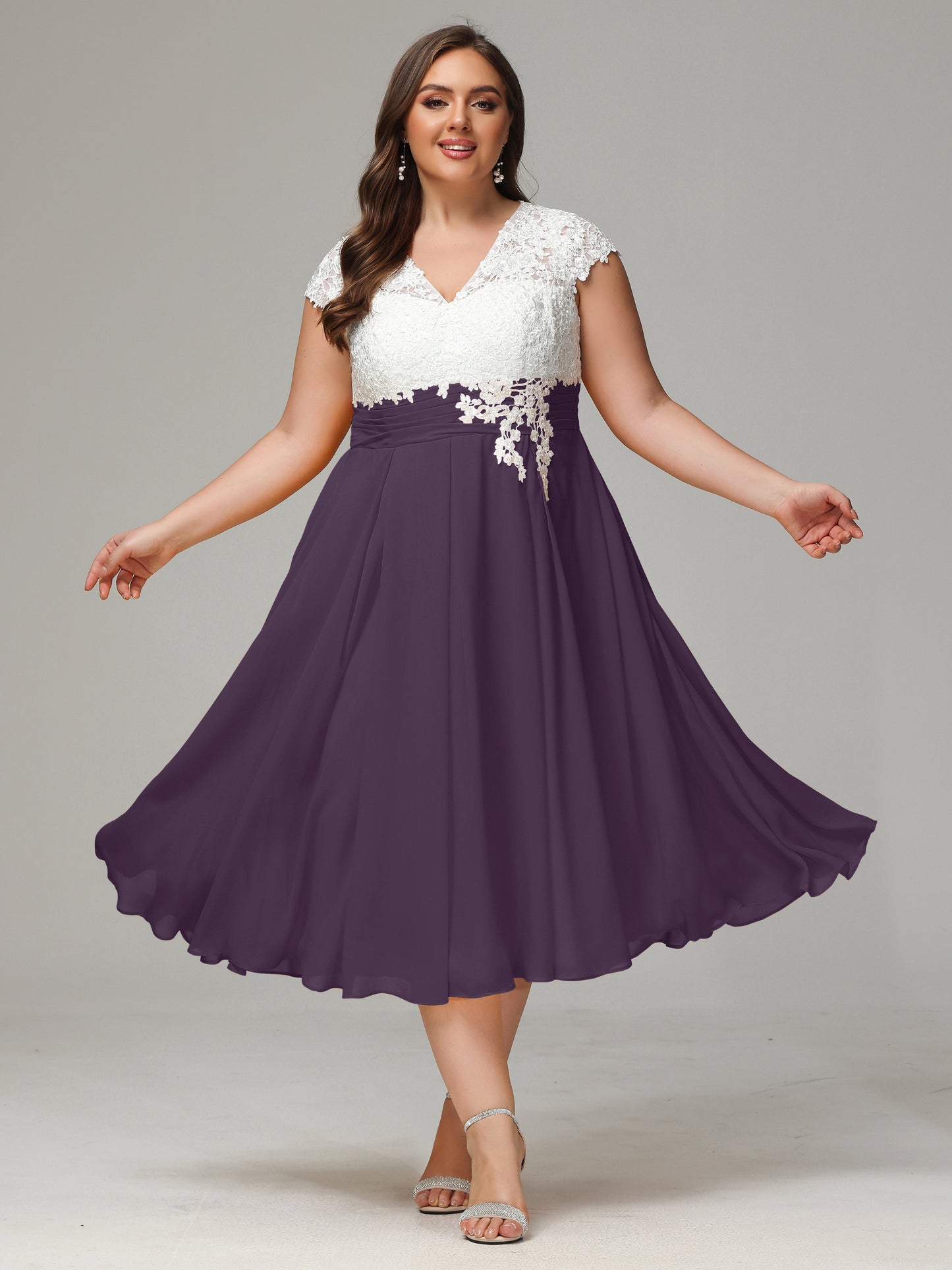 Tea-length Cap Sleeves Chiffon Bridesmaid Dress Plus Size