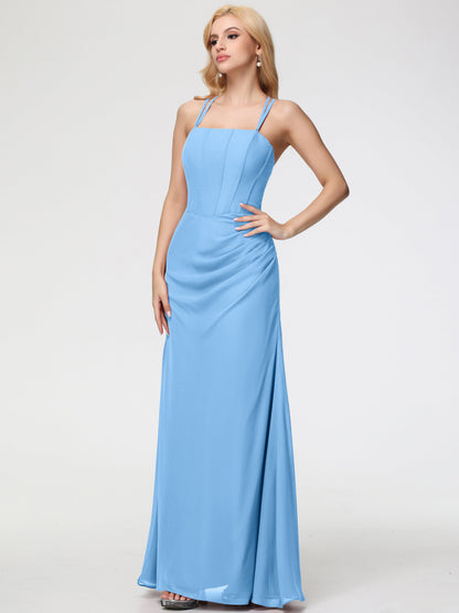 Bridesmaids Dresses Blue Spaghetti Straps Sheath/Column Long Chiffon Bridesmaid Dresses With Slit