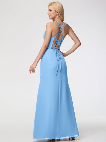 Bridesmaids Dresses Blue Spaghetti Straps Sheath/Column Long Chiffon Bridesmaid Dresses With Slit