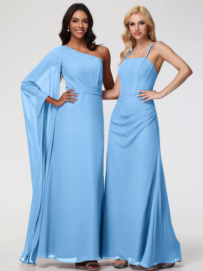 Bridesmaids Dresses Blue Spaghetti Straps Sheath/Column Long Chiffon Bridesmaid Dresses With Slit
