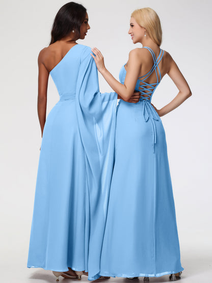 Bridesmaids Dresses Blue Spaghetti Straps Sheath/Column Long Chiffon Bridesmaid Dresses With Slit