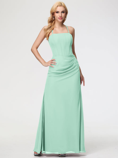 Bridesmaid Mint Green Dress Spaghetti Straps Sheath/Column Long Chiffon Bridesmaid Dresses With Slit