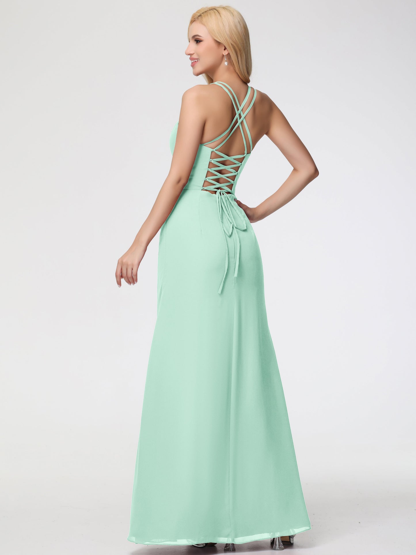 Bridesmaid Mint Green Dress Spaghetti Straps Sheath/Column Long Chiffon Bridesmaid Dresses With Slit