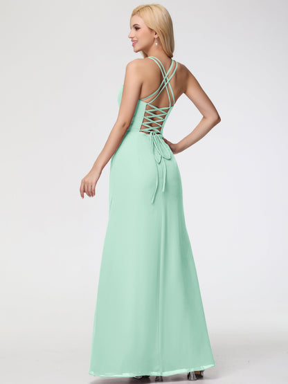 Bridesmaid Mint Green Dress Spaghetti Straps Sheath/Column Long Chiffon Bridesmaid Dresses With Slit