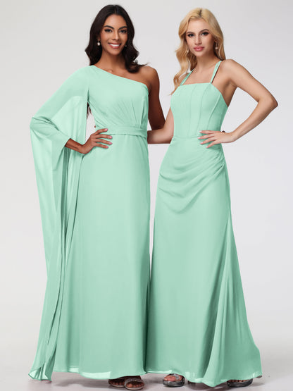 Bridesmaid Mint Green Dress Spaghetti Straps Sheath/Column Long Chiffon Bridesmaid Dresses With Slit