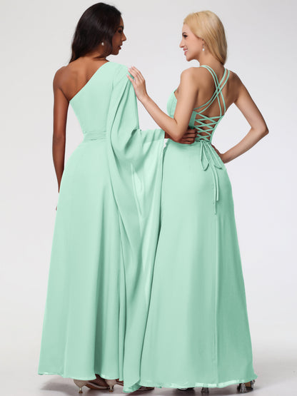 Bridesmaid Mint Green Dress Spaghetti Straps Sheath/Column Long Chiffon Bridesmaid Dresses With Slit