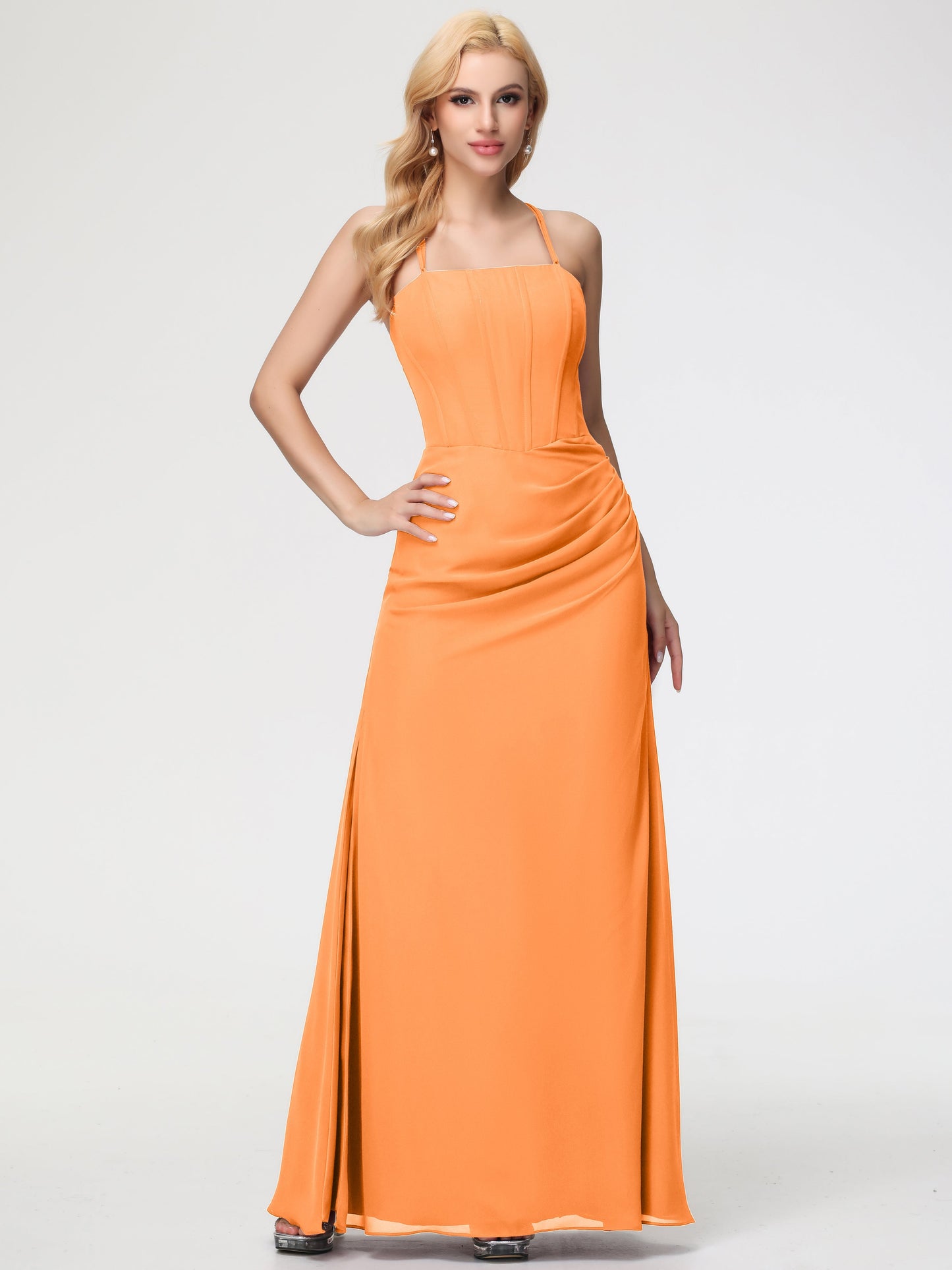 Bridesmaid Orange Dress Spaghetti Straps Sheath/Column Long Chiffon Bridesmaid Dresses With Slit