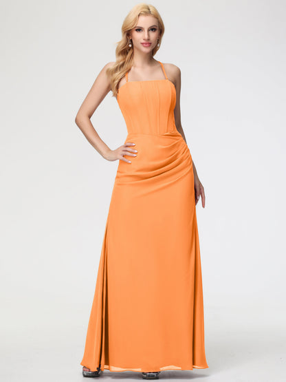 Bridesmaid Orange Dress Spaghetti Straps Sheath/Column Long Chiffon Bridesmaid Dresses With Slit