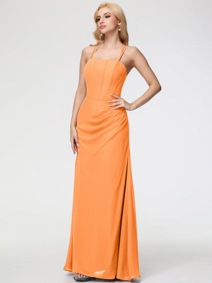 Bridesmaid Orange Dress Spaghetti Straps Sheath/Column Long Chiffon Bridesmaid Dresses With Slit