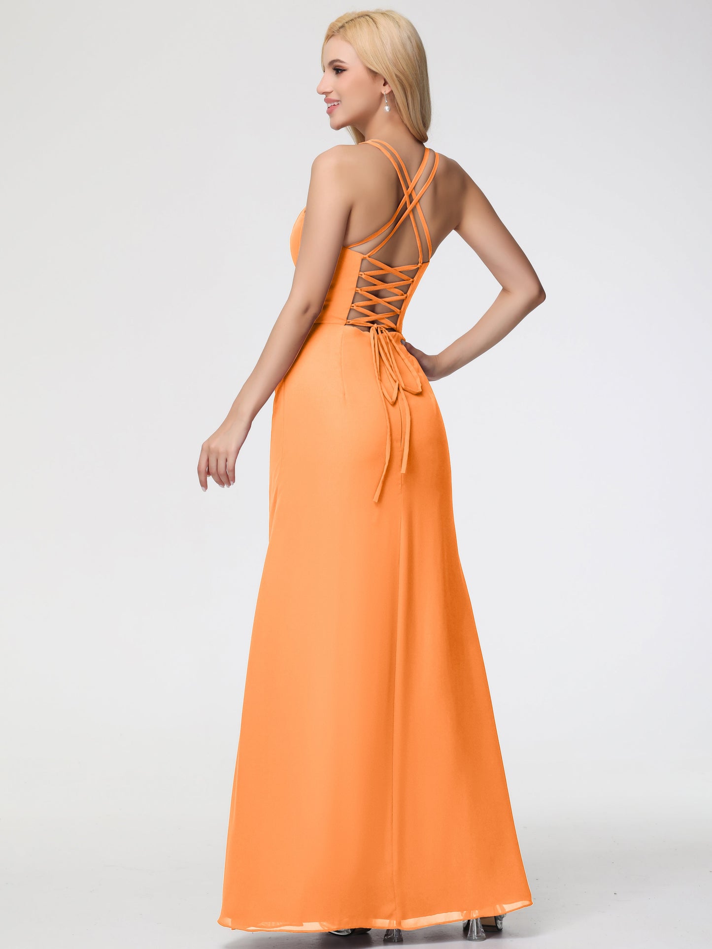 Bridesmaid Orange Dress Spaghetti Straps Sheath/Column Long Chiffon Bridesmaid Dresses With Slit