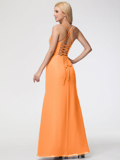 Bridesmaid Orange Dress Spaghetti Straps Sheath/Column Long Chiffon Bridesmaid Dresses With Slit