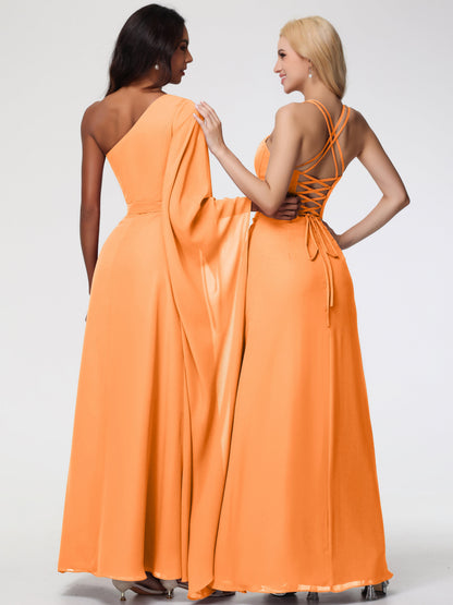 Bridesmaid Orange Dress Spaghetti Straps Sheath/Column Long Chiffon Bridesmaid Dresses With Slit