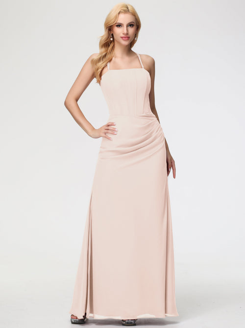 Bridesmaid Pearl Spaghetti Straps Sheath/Column Long Chiffon Bridesmaid Dresses With Slit