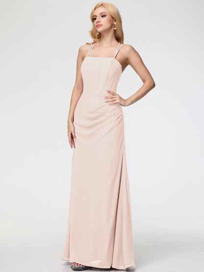 Bridesmaid Pearl Spaghetti Straps Sheath/Column Long Chiffon Bridesmaid Dresses With Slit