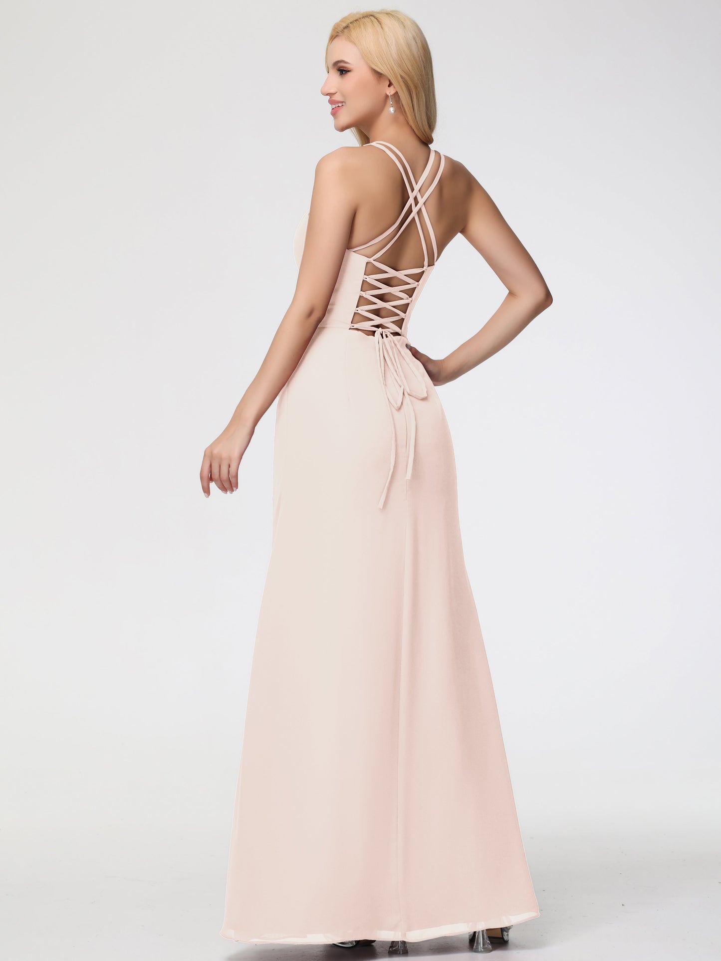Bridesmaid Pearl Spaghetti Straps Sheath/Column Long Chiffon Bridesmaid Dresses With Slit