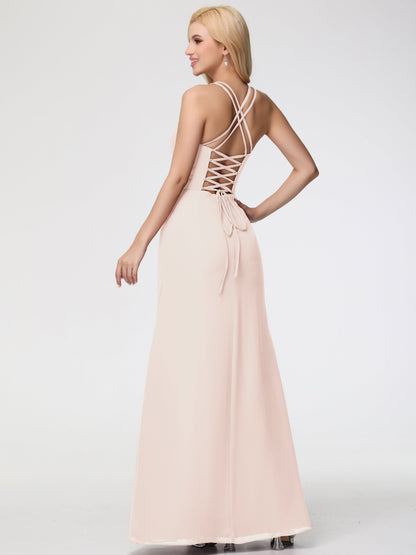 Bridesmaid Pearl Spaghetti Straps Sheath/Column Long Chiffon Bridesmaid Dresses With Slit