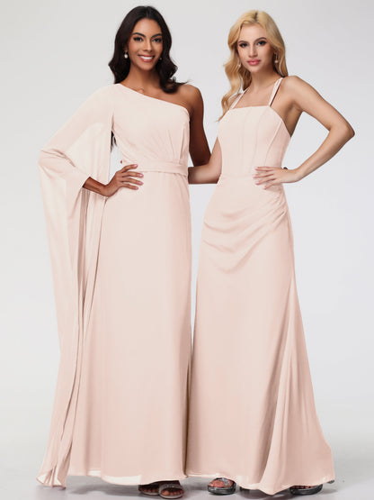 Bridesmaid Pearl Spaghetti Straps Sheath/Column Long Chiffon Bridesmaid Dresses With Slit