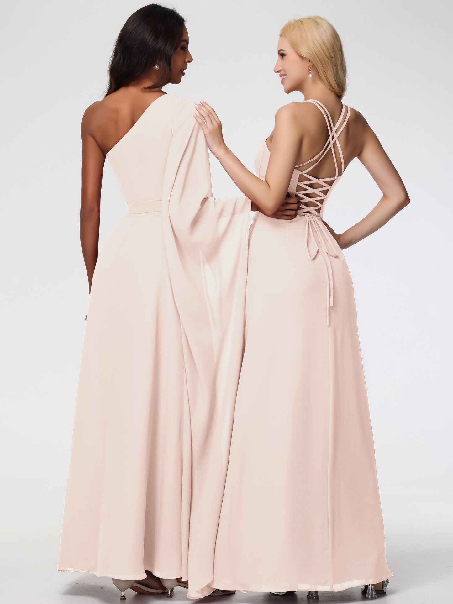 Bridesmaid Pearl Spaghetti Straps Sheath/Column Long Chiffon Bridesmaid Dresses With Slit