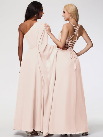 Bridesmaid Pearl Spaghetti Straps Sheath/Column Long Chiffon Bridesmaid Dresses With Slit