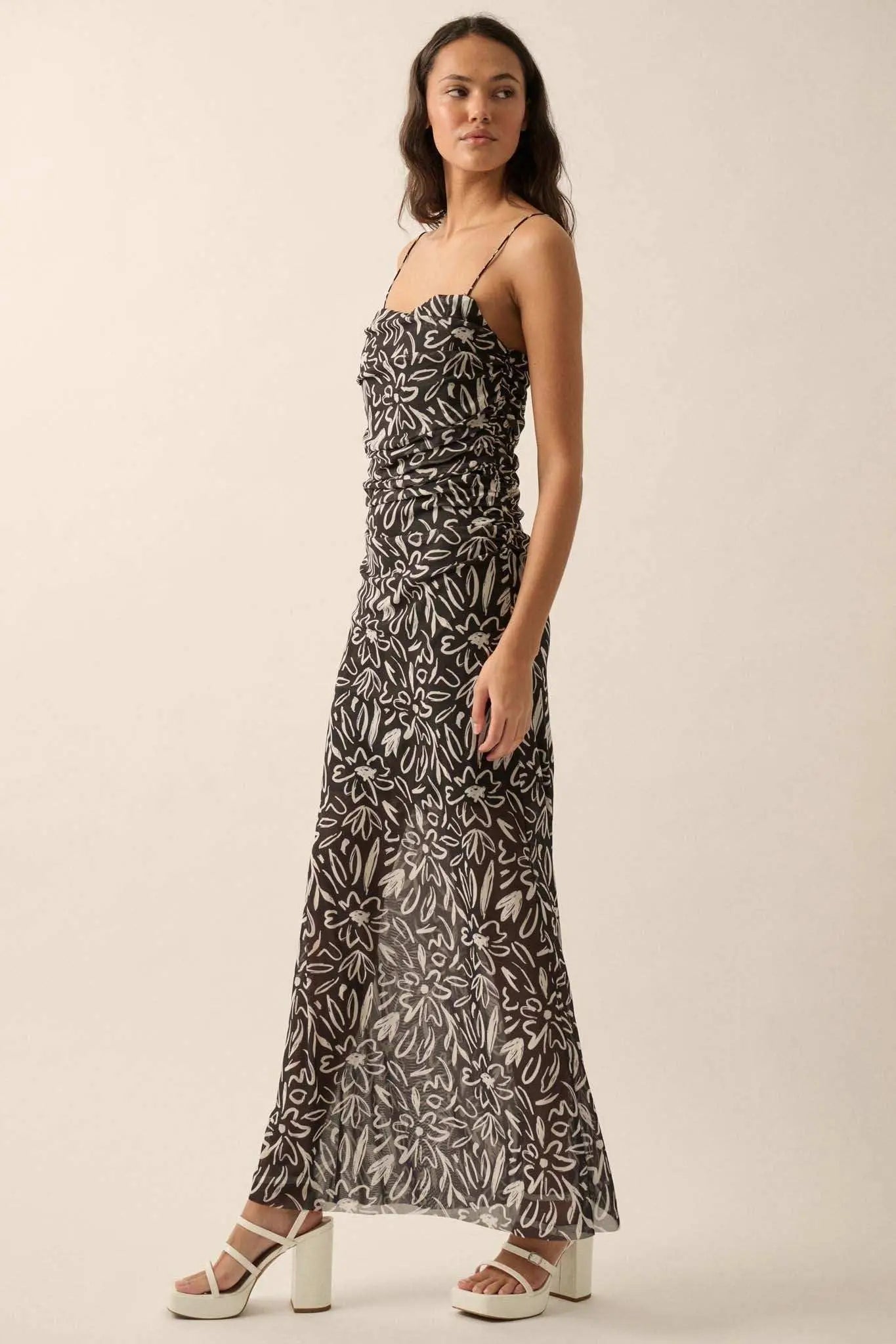 Avant Garden Floral-Print Mesh Ruched Maxi Dress