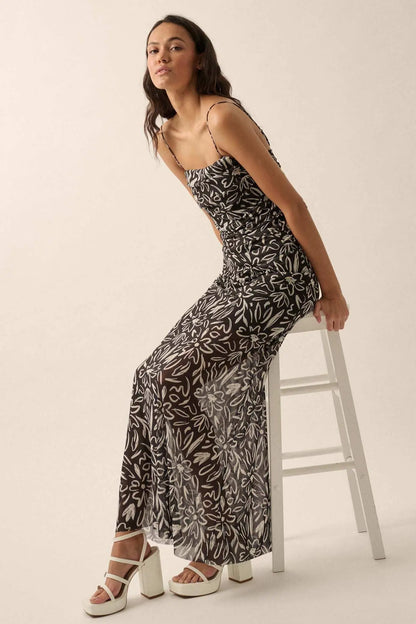 Avant Garden Floral-Print Mesh Ruched Maxi Dress