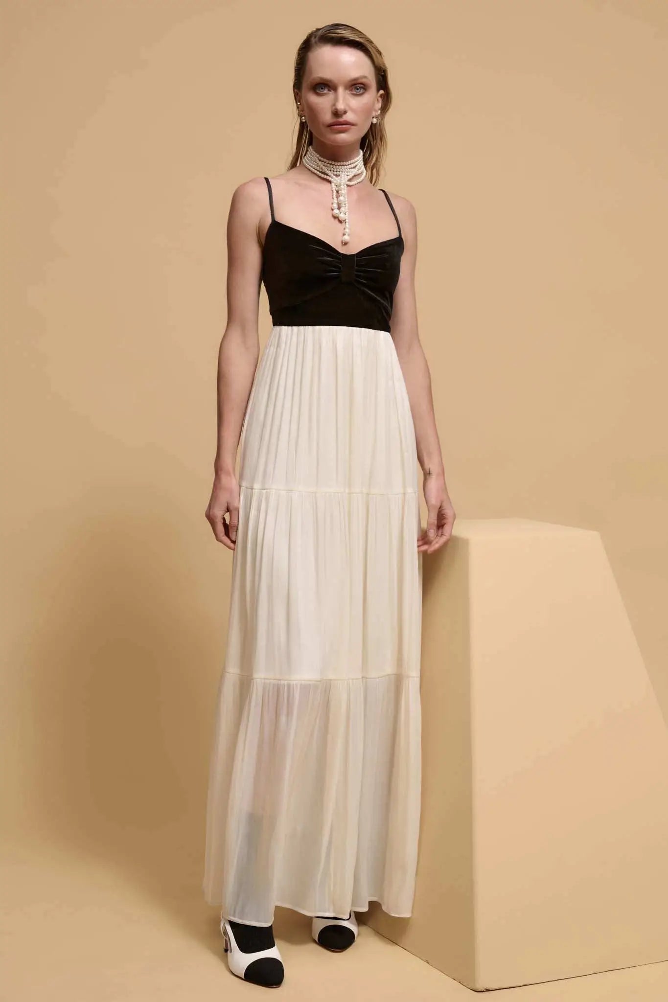 Hollywood Ending Velvet-Bodice Shimmer Maxi Dress
