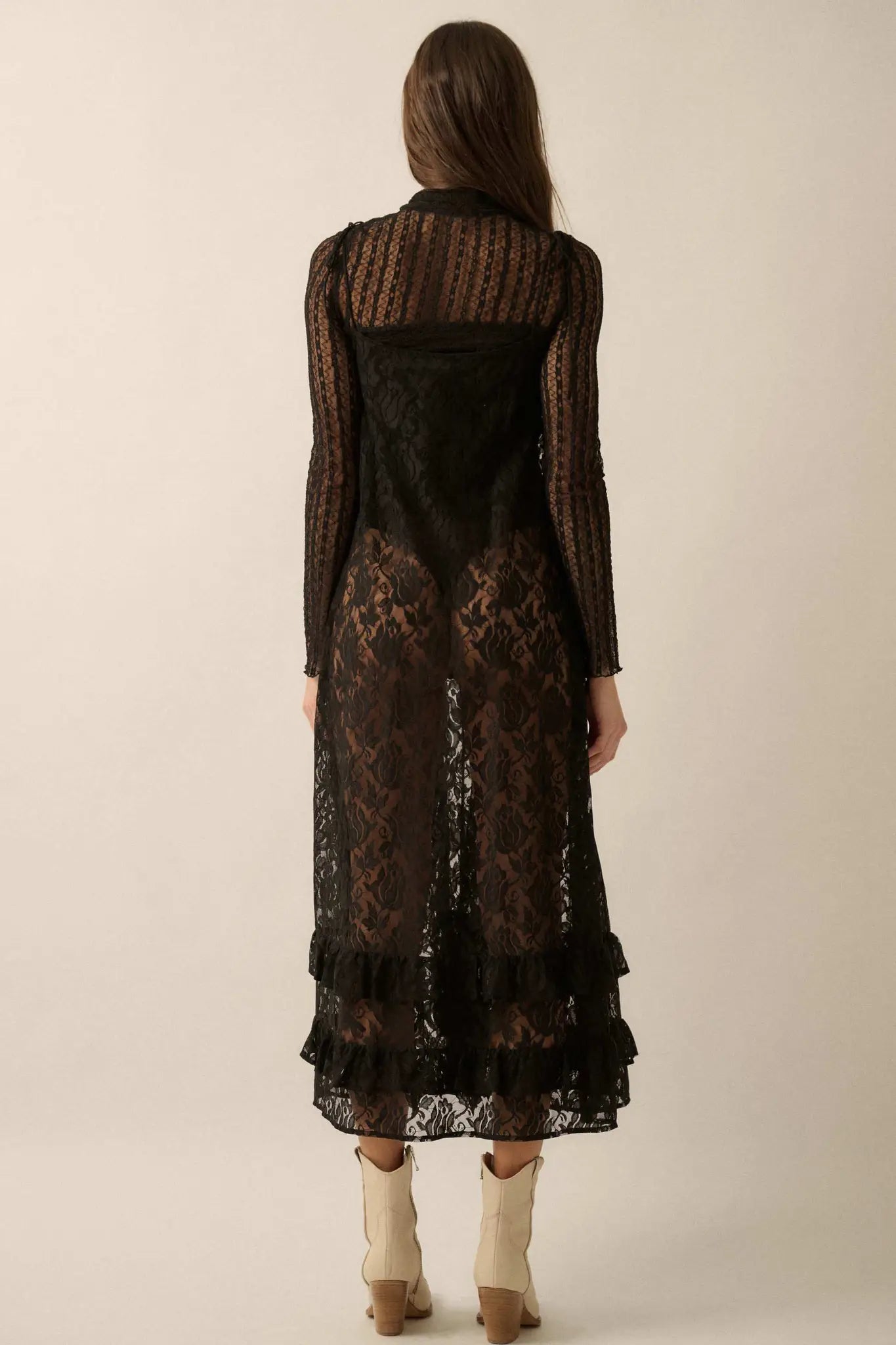 Dream of You Sheer Ruffled Floral Lace Midi Dress