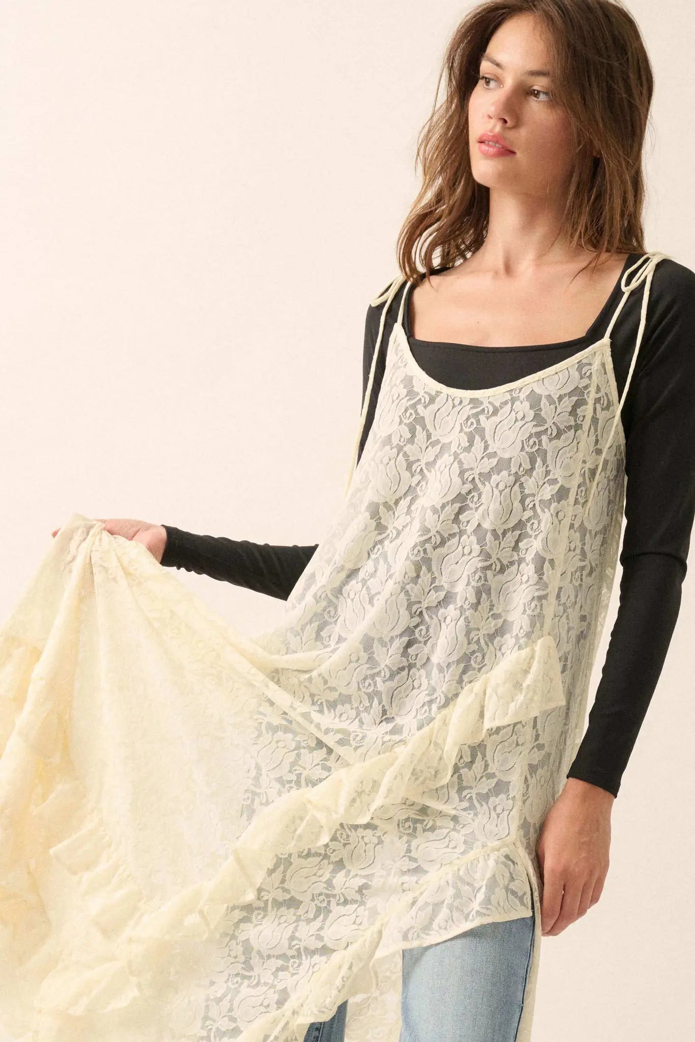 Dream of You Sheer Ruffled Floral Lace Midi Dress