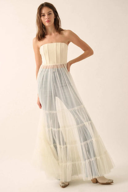 Secret Love Sheer Tiered Tulle Corset Maxi Dress