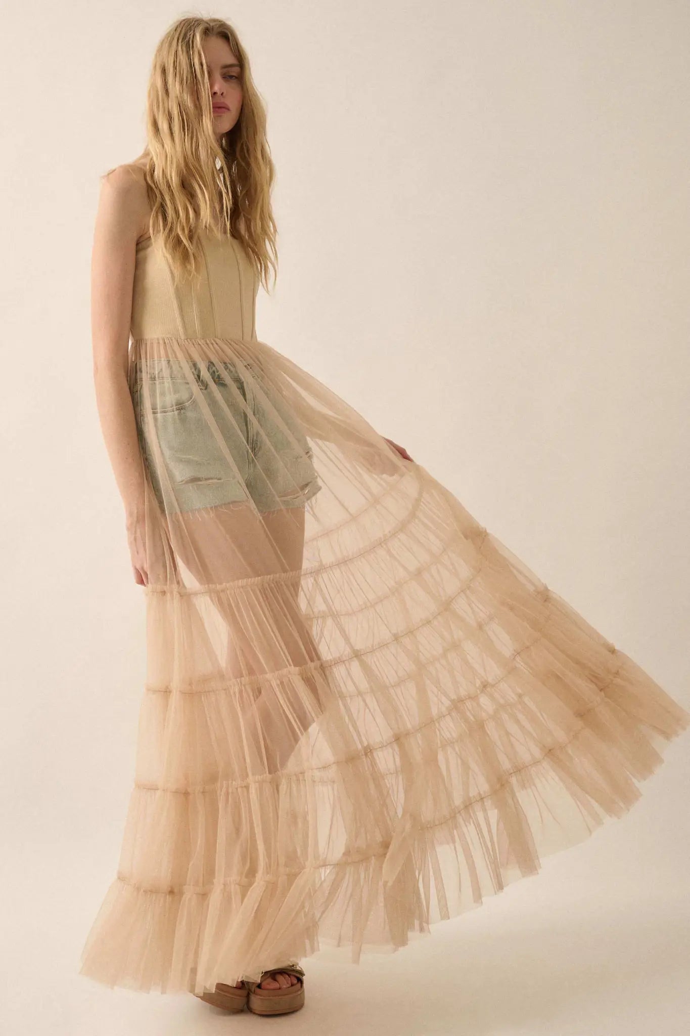 Secret Love Sheer Tiered Tulle Corset Maxi Dress