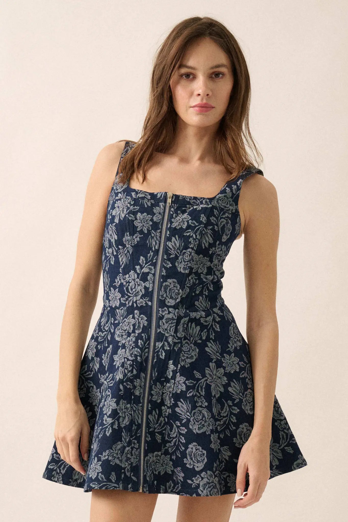 Blue Beauty Floral Jacquard Denim Mini Dress