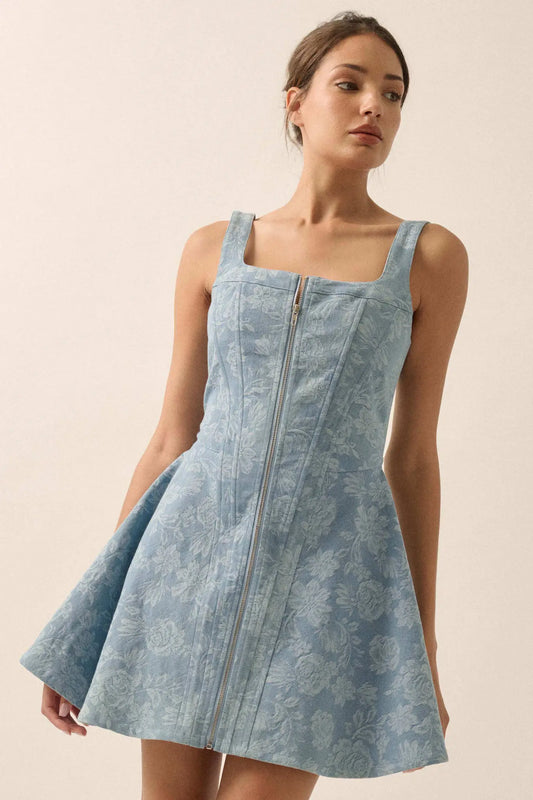 Blue Beauty Floral Jacquard Denim Mini Dress