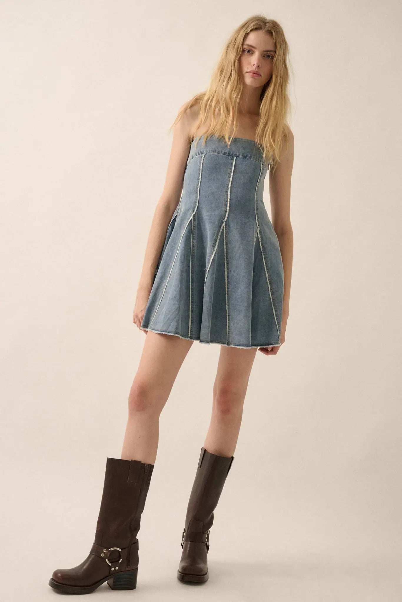 Indigo Skies Denim Strapless Godet Mini Dress