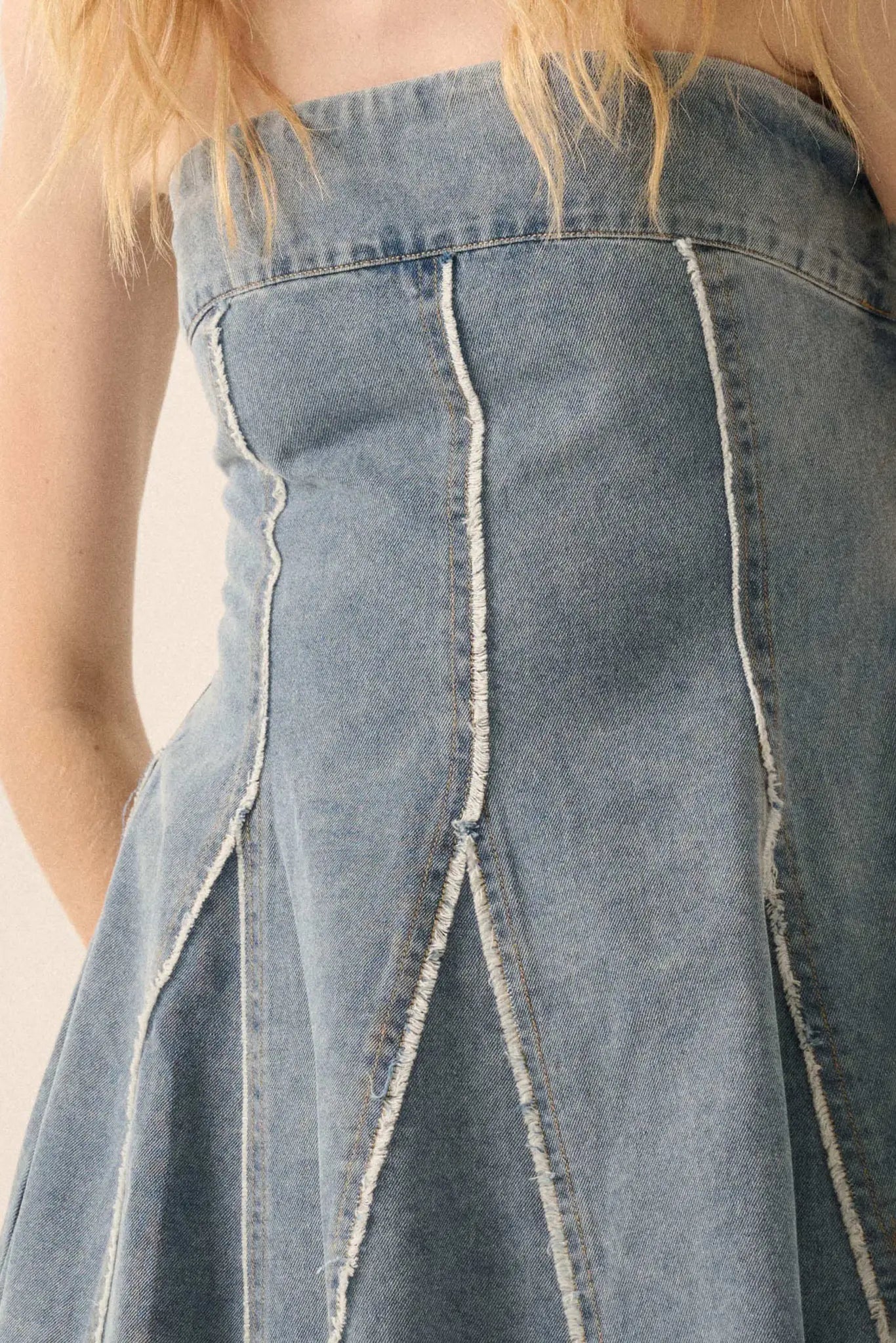 Indigo Skies Denim Strapless Godet Mini Dress
