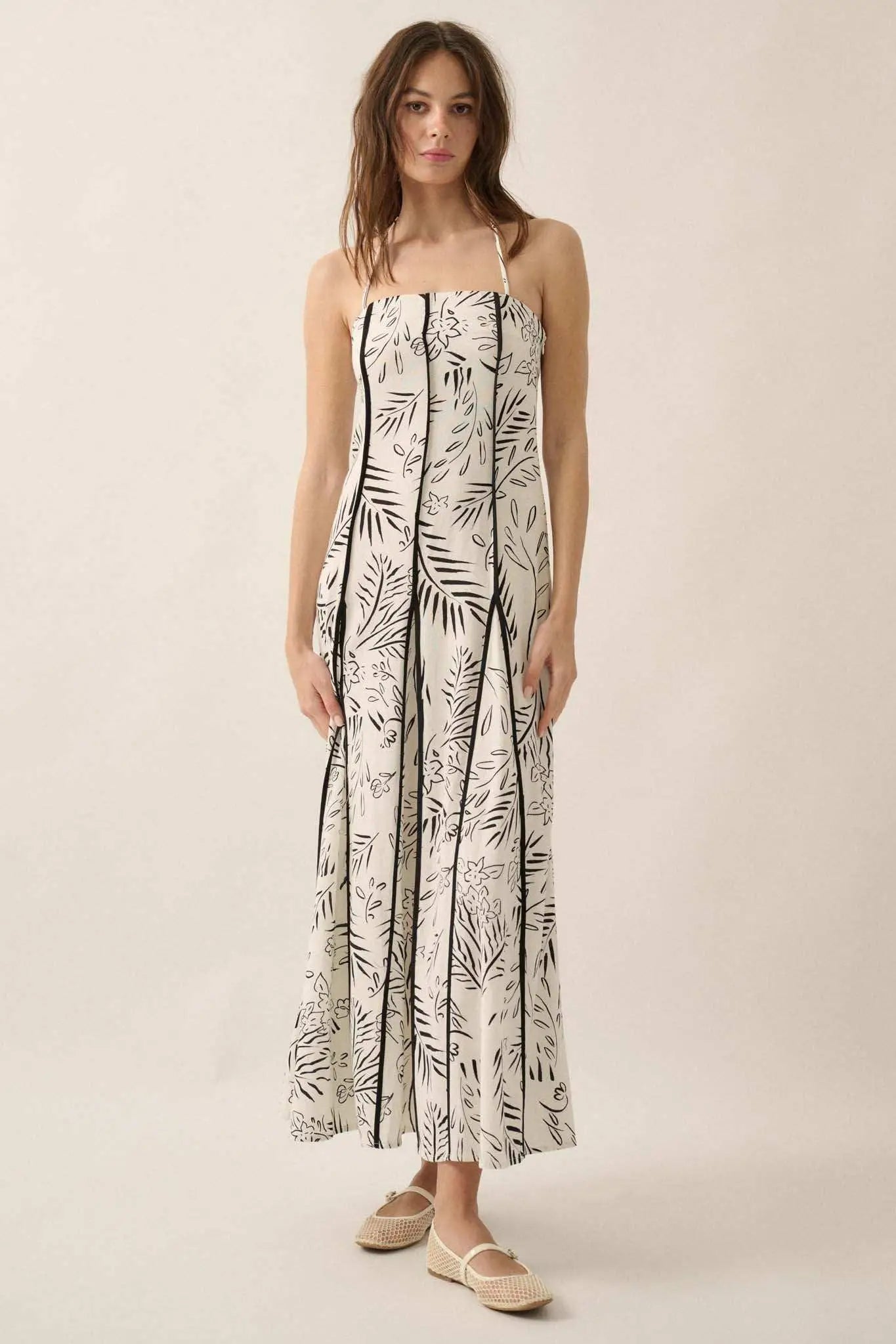 Artsy Blossoms Floral Paneled Halter Maxi Dress