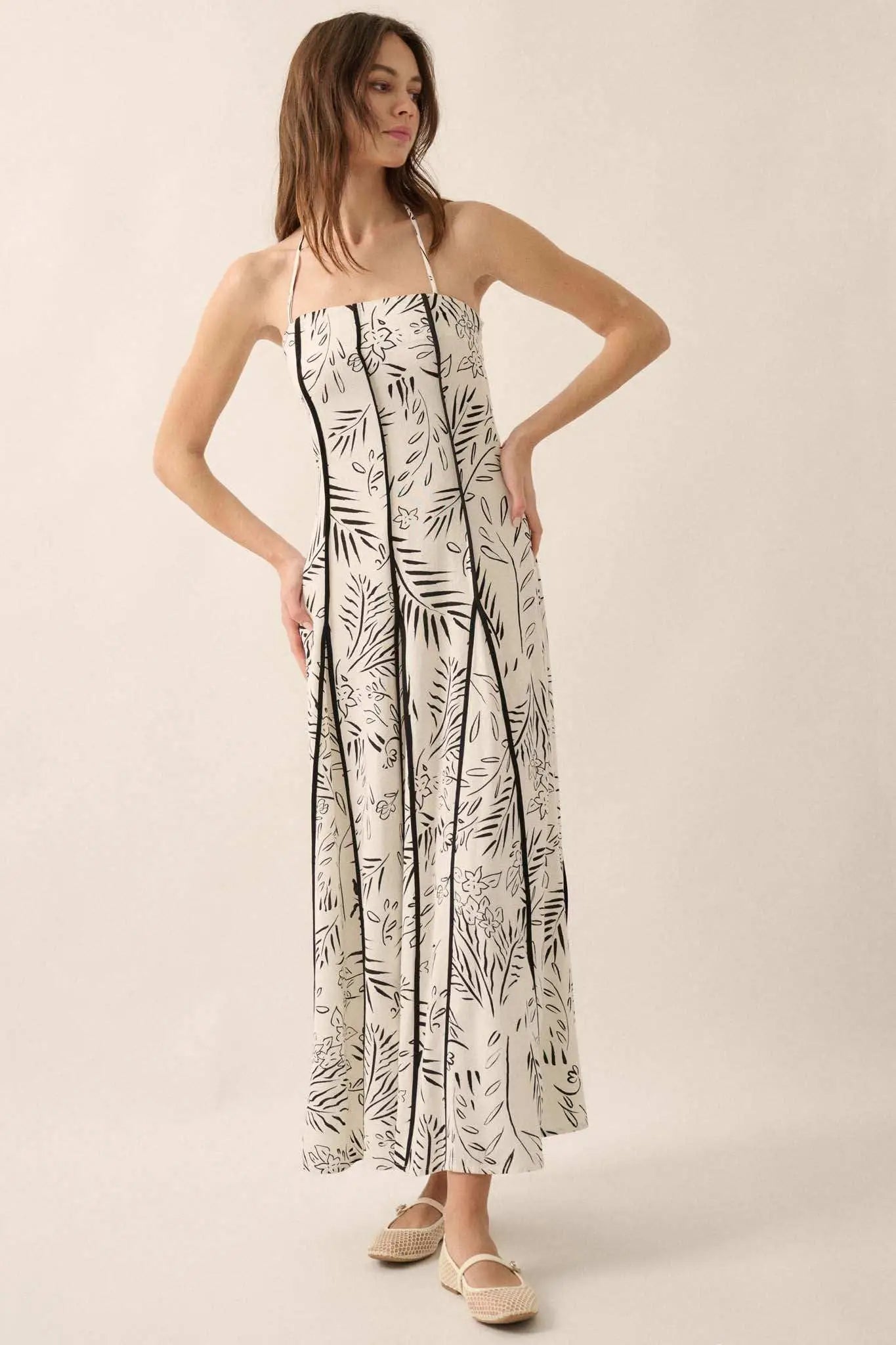 Artsy Blossoms Floral Paneled Halter Maxi Dress