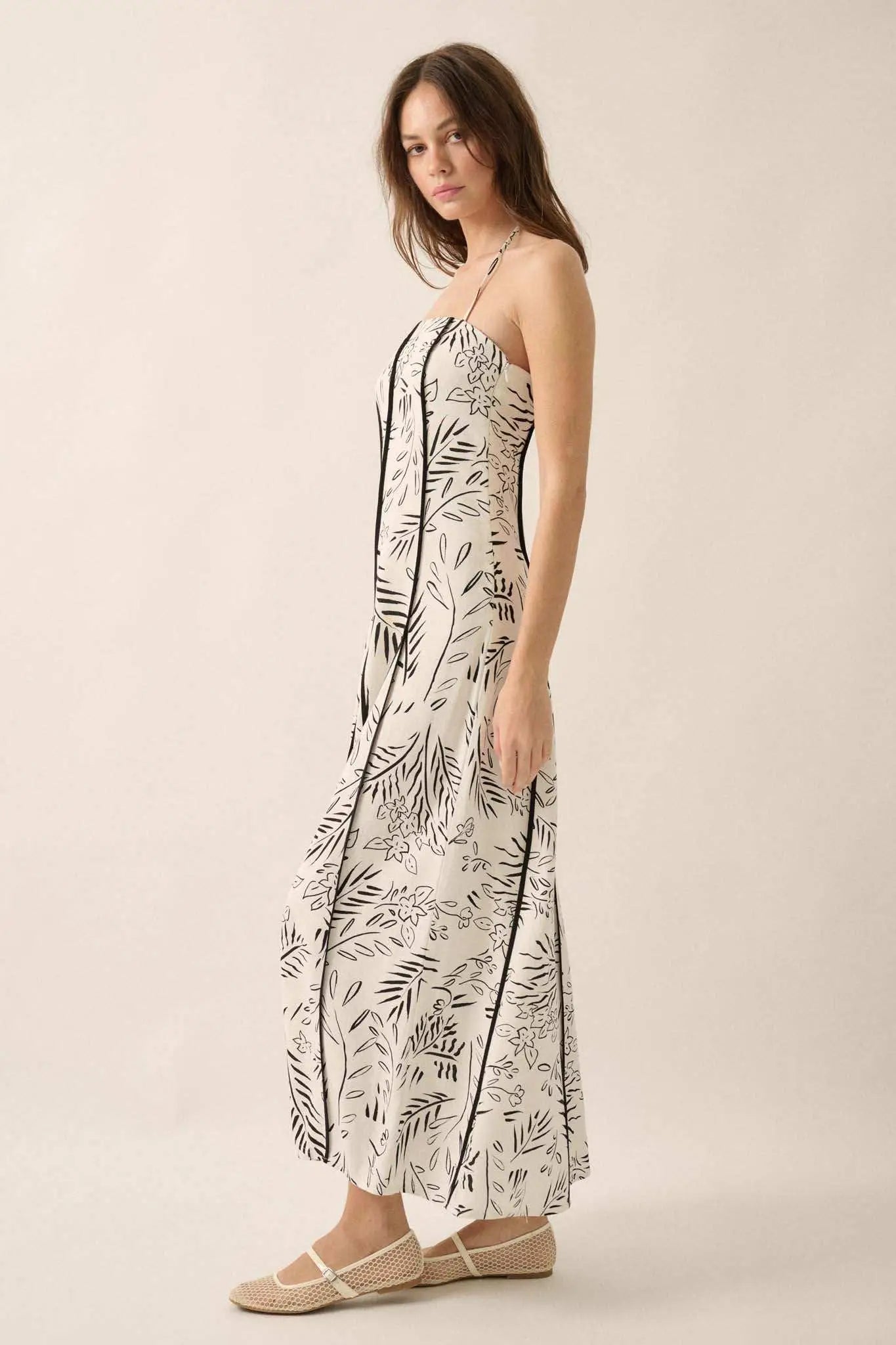Artsy Blossoms Floral Paneled Halter Maxi Dress