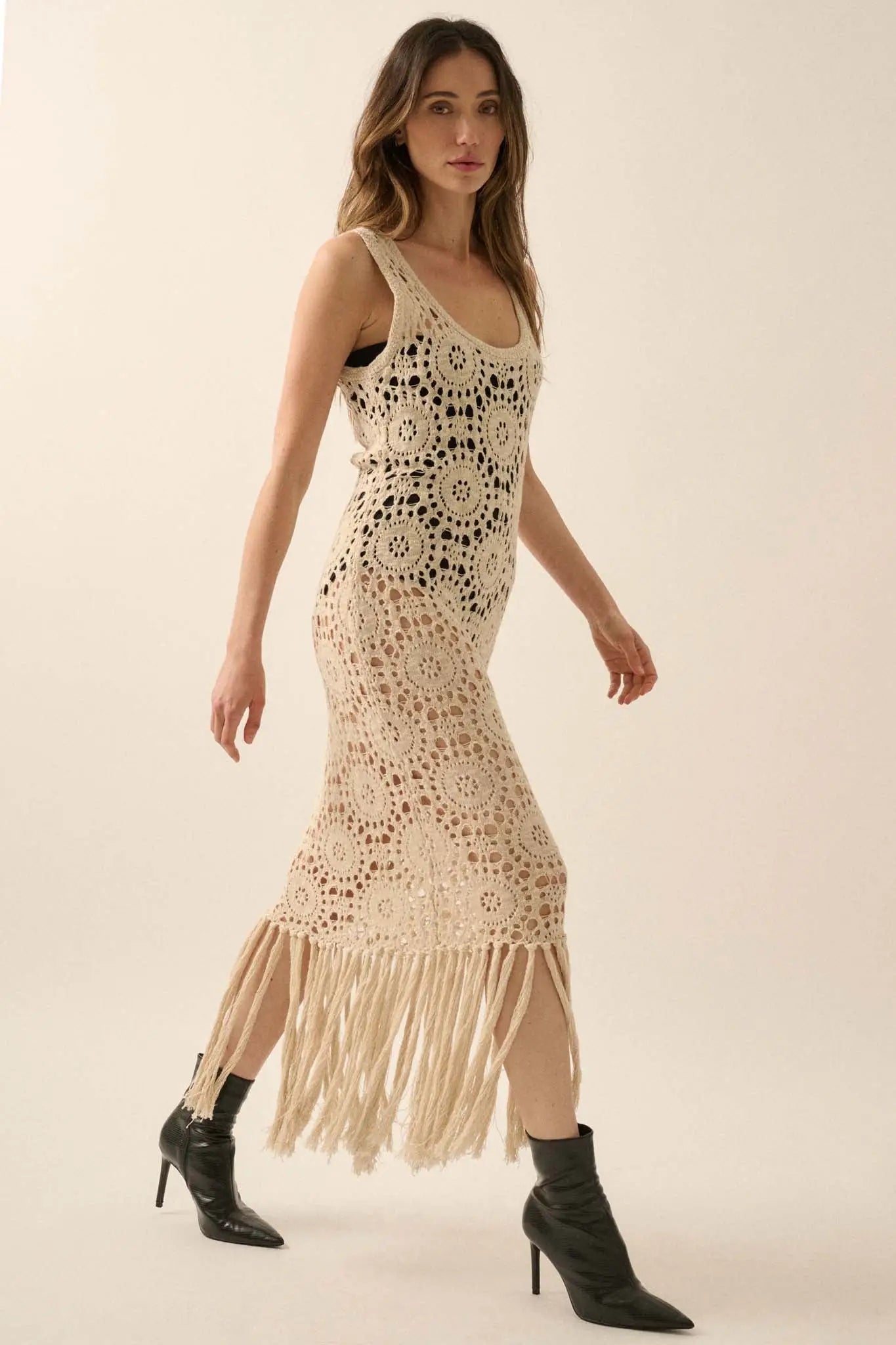 Rare Vintage Crochet Knit Fringe Maxi Dress