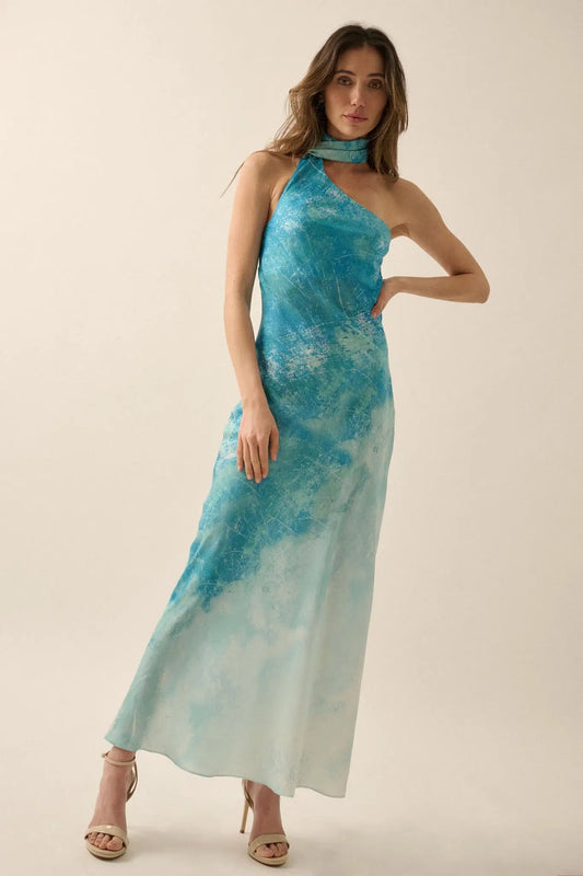 Raining Love Tie-Dye Satin Halter Maxi Dress