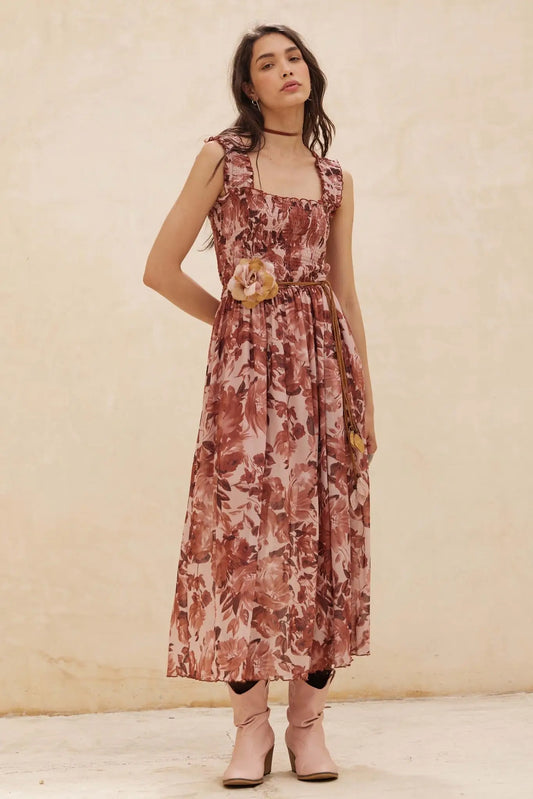 Awesome Blossoms Floral Mesh Smocked Midi Dress