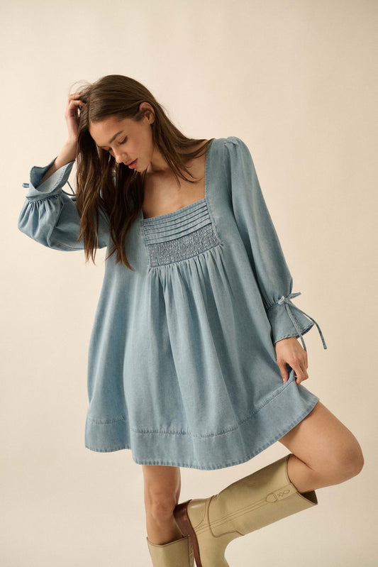 Dreaming in Denim Long-Sleeve Babydoll Mini Dress
