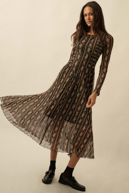 Posh Petals Floral Mesh Drop-Waist Midi Dress