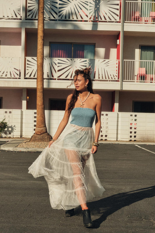 Dancing on Air Denim and Tulle Layering Maxi Dress