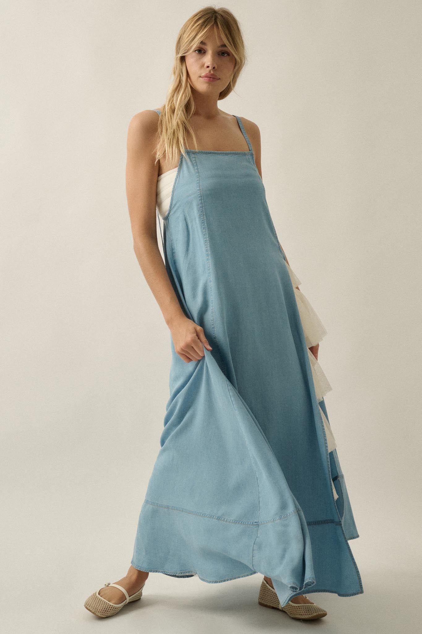Endless Skies Denim Open-Back High-Slit Maxi Dress