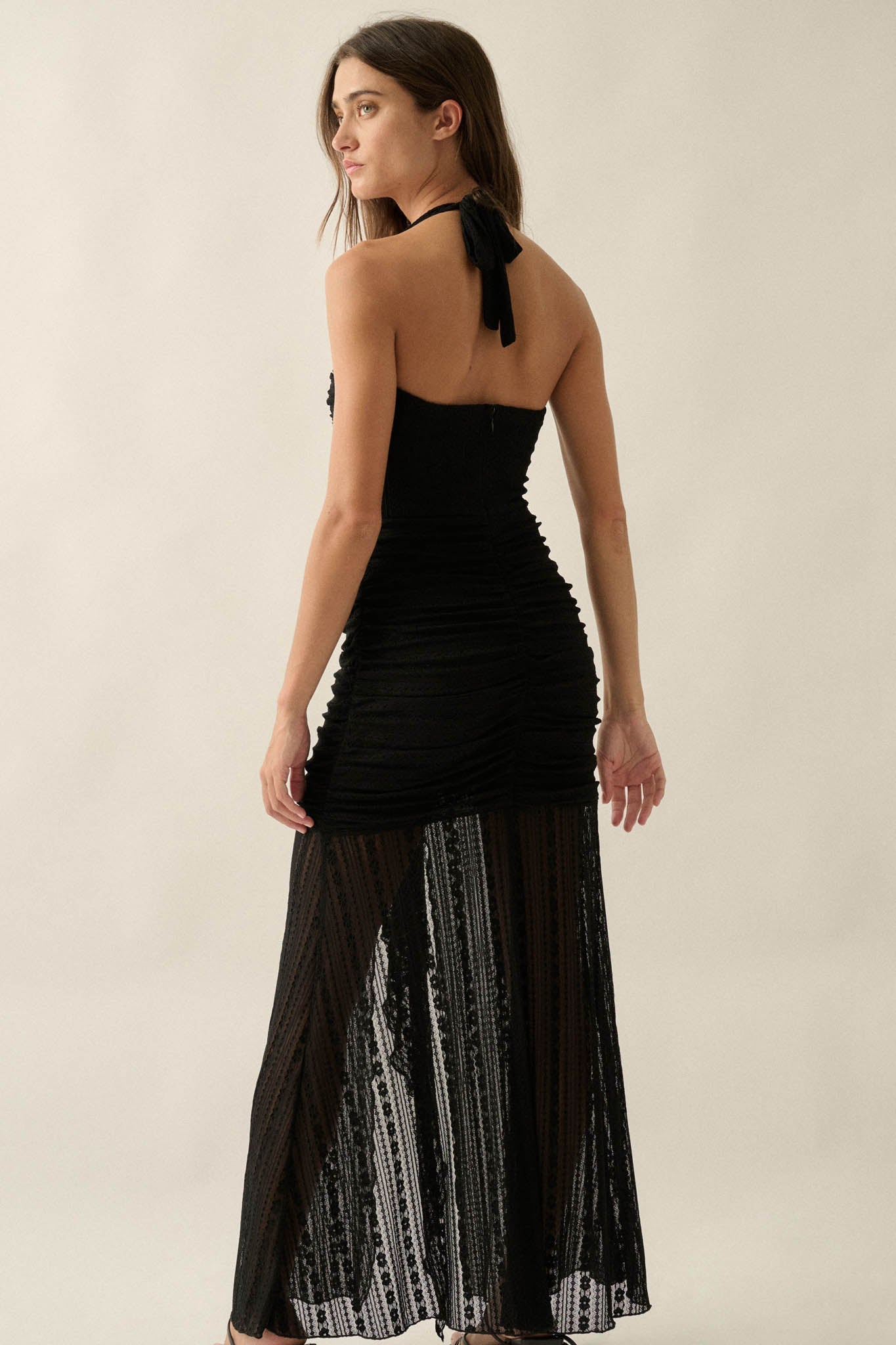 Beyond Beautiful Floral Lace Ruched Halter Maxi Dress