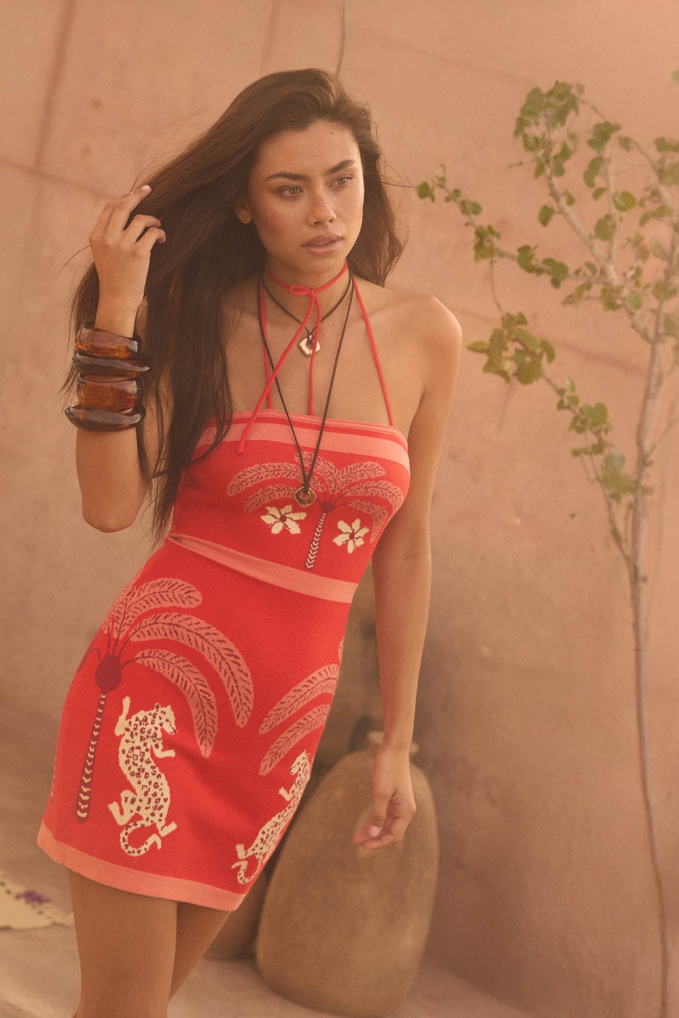 Chic Safari Tropical Jacquard-Knit Halter Mini Dress