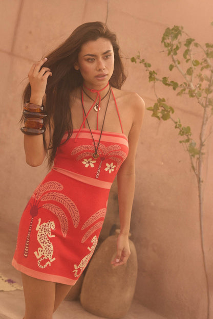 Chic Safari Tropical Jacquard-Knit Halter Mini Dress