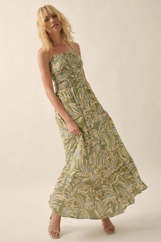 Pretty Palms Tropical Floral Smocked Maxi Dress