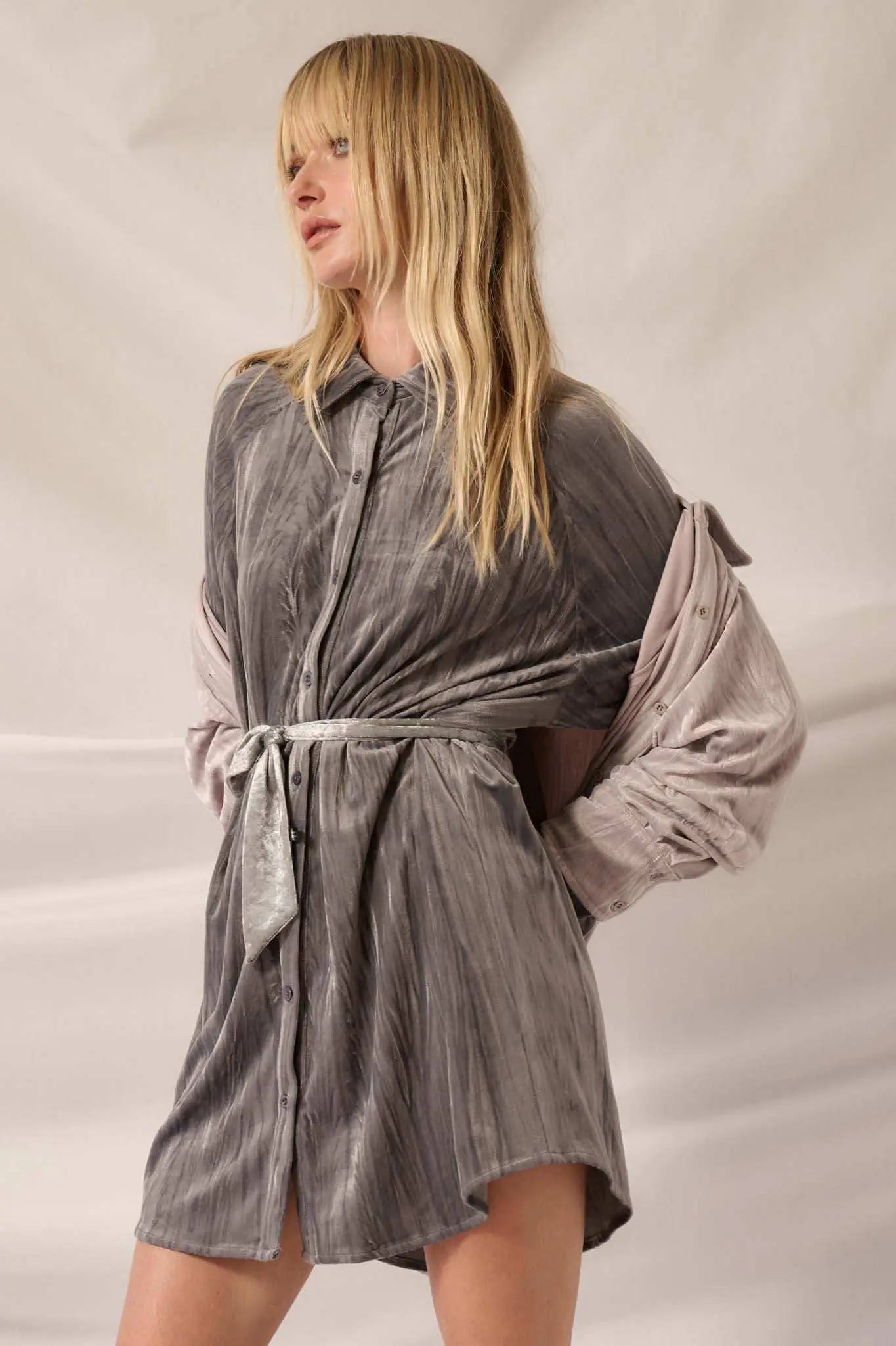Laid-Back Luxury Crinkle Velvet Mini Shirt Dress