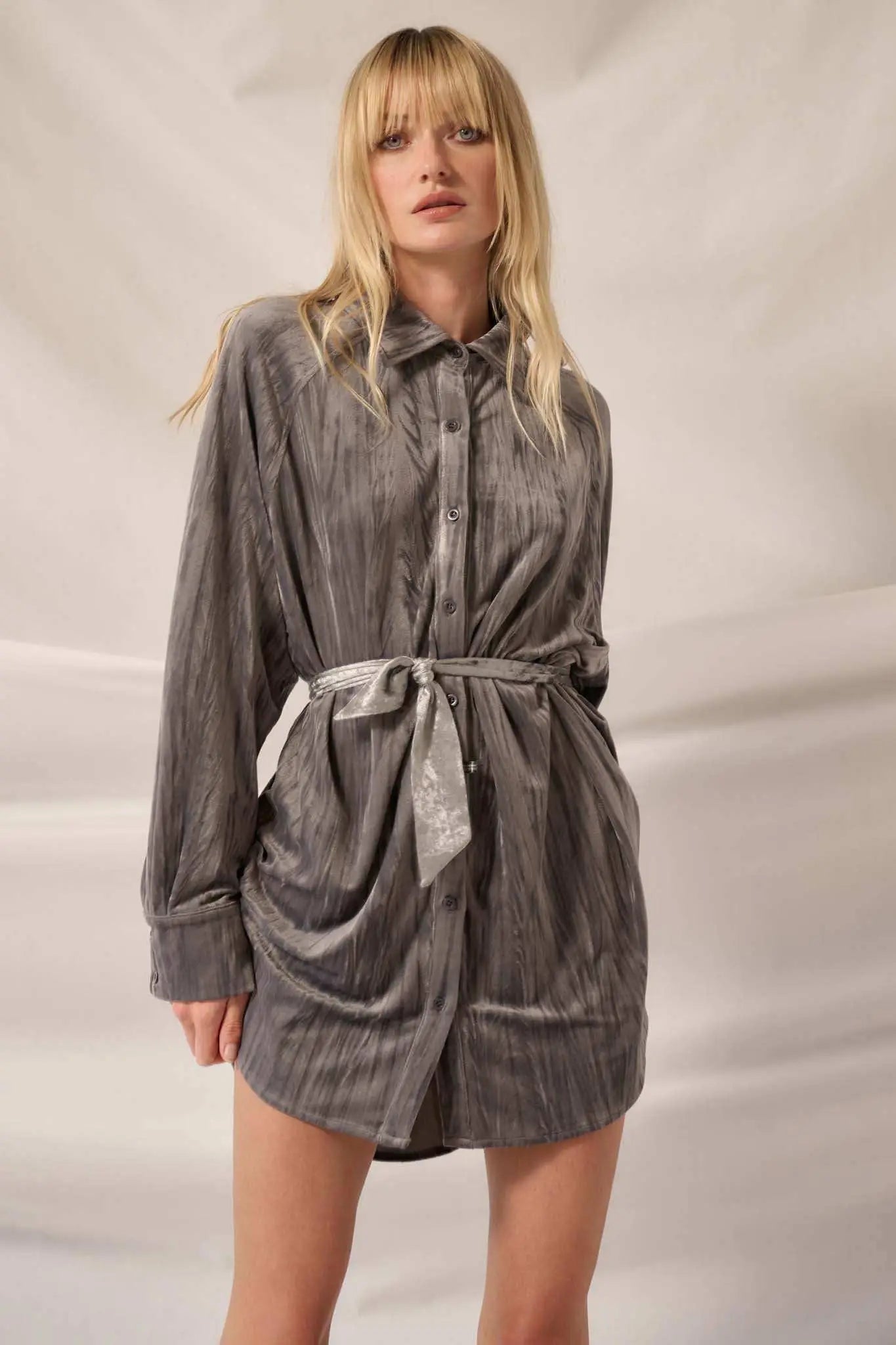 Laid-Back Luxury Crinkle Velvet Mini Shirt Dress